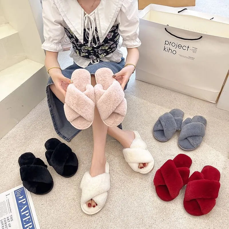 Fuzzy Criss Cross Slippers – Cozy Faux Fur Crossband Slippers for Women