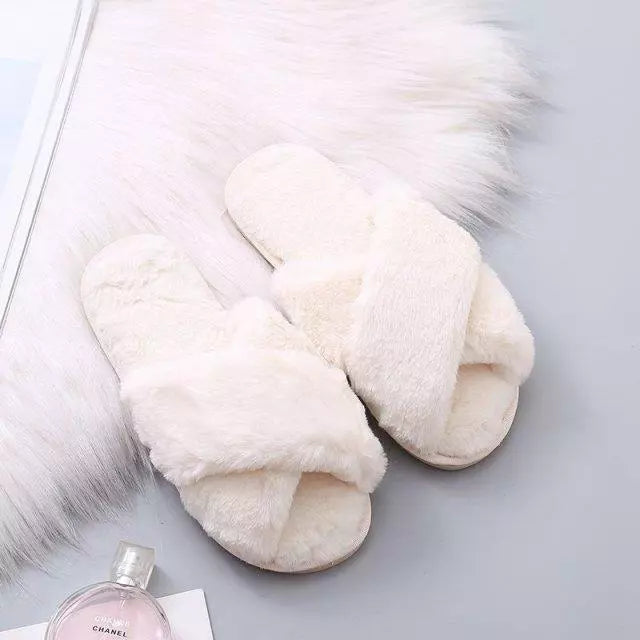 Fuzzy Criss Cross Slippers – Cozy Faux Fur Crossband Slippers for Women