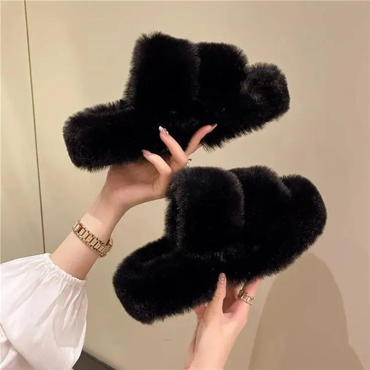 Fluffy Faux Fur Slippers with 7cm Platform – Cozy Fuzzy Slippers for Winter